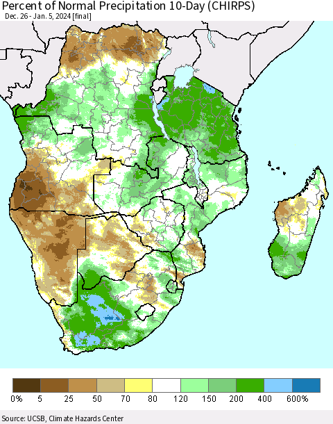 Southern Africa Percent of Normal Precipitation 10-Day (CHIRPS) Thematic Map For 12/26/2023 - 1/5/2024