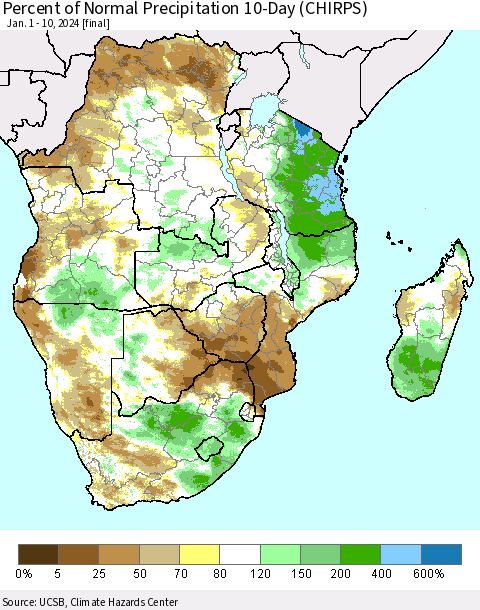 Southern Africa Percent of Normal Precipitation 10-Day (CHIRPS) Thematic Map For 1/1/2024 - 1/10/2024