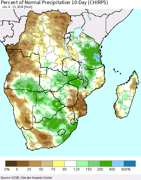 Southern Africa Percent of Normal Precipitation 10-Day (CHIRPS) Thematic Map For 1/6/2024 - 1/15/2024