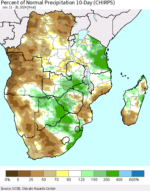 Southern Africa Percent of Normal Precipitation 10-Day (CHIRPS) Thematic Map For 1/11/2024 - 1/20/2024