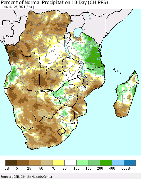Southern Africa Percent of Normal Precipitation 10-Day (CHIRPS) Thematic Map For 1/16/2024 - 1/25/2024