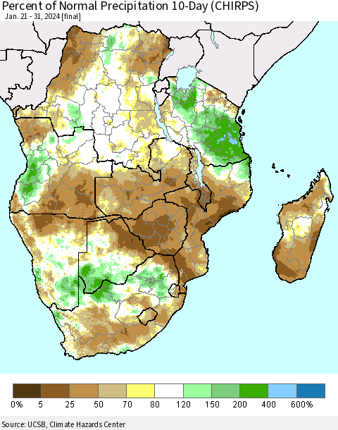 Southern Africa Percent of Normal Precipitation 10-Day (CHIRPS) Thematic Map For 1/21/2024 - 1/31/2024