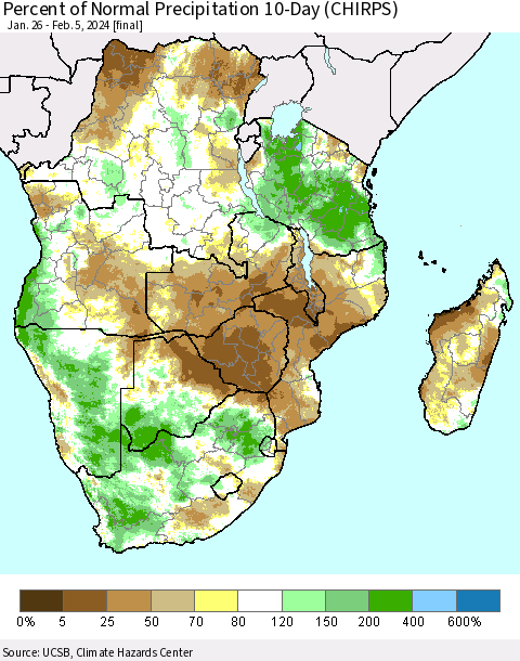 Southern Africa Percent of Normal Precipitation 10-Day (CHIRPS) Thematic Map For 1/26/2024 - 2/5/2024