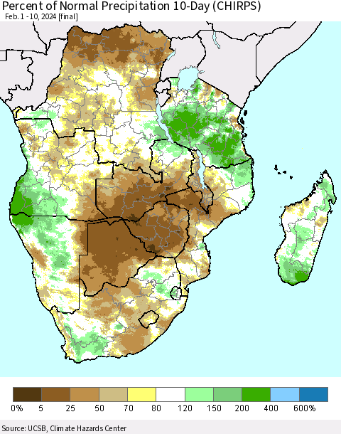 Southern Africa Percent of Normal Precipitation 10-Day (CHIRPS) Thematic Map For 2/1/2024 - 2/10/2024