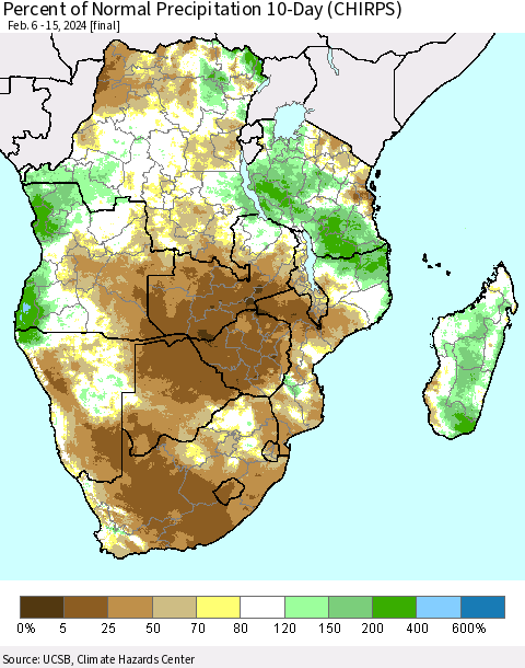 Southern Africa Percent of Normal Precipitation 10-Day (CHIRPS) Thematic Map For 2/6/2024 - 2/15/2024