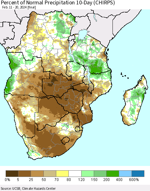 Southern Africa Percent of Normal Precipitation 10-Day (CHIRPS) Thematic Map For 2/11/2024 - 2/20/2024