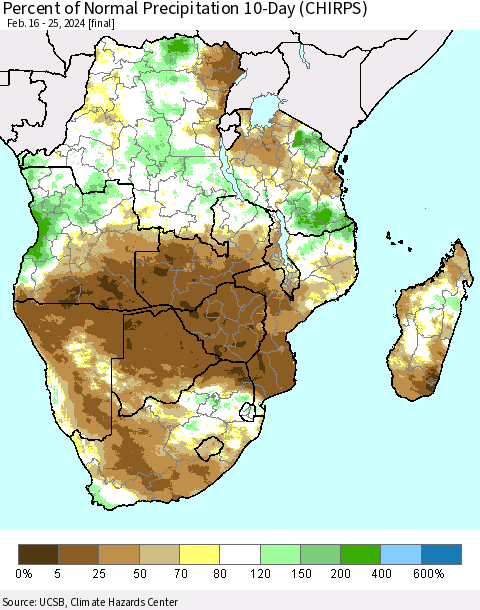 Southern Africa Percent of Normal Precipitation 10-Day (CHIRPS) Thematic Map For 2/16/2024 - 2/25/2024
