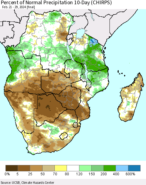 Southern Africa Percent of Normal Precipitation 10-Day (CHIRPS) Thematic Map For 2/21/2024 - 2/29/2024