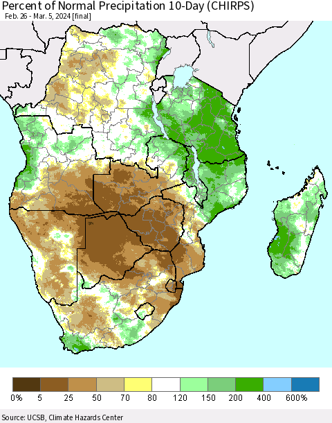 Southern Africa Percent of Normal Precipitation 10-Day (CHIRPS) Thematic Map For 2/26/2024 - 3/5/2024