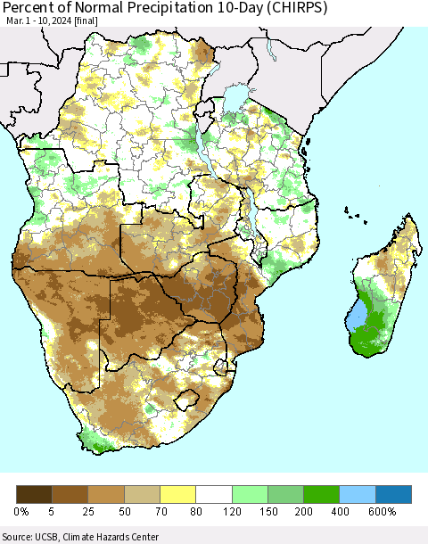 Southern Africa Percent of Normal Precipitation 10-Day (CHIRPS) Thematic Map For 3/1/2024 - 3/10/2024