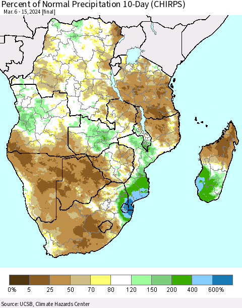 Southern Africa Percent of Normal Precipitation 10-Day (CHIRPS) Thematic Map For 3/6/2024 - 3/15/2024