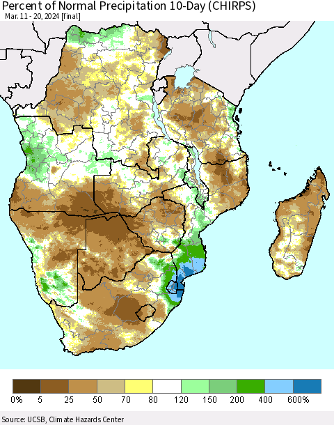 Southern Africa Percent of Normal Precipitation 10-Day (CHIRPS) Thematic Map For 3/11/2024 - 3/20/2024