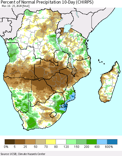 Southern Africa Percent of Normal Precipitation 10-Day (CHIRPS) Thematic Map For 3/16/2024 - 3/25/2024