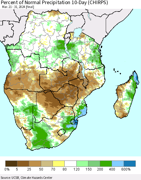Southern Africa Percent of Normal Precipitation 10-Day (CHIRPS) Thematic Map For 3/21/2024 - 3/31/2024