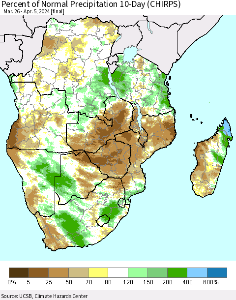 Southern Africa Percent of Normal Precipitation 10-Day (CHIRPS) Thematic Map For 3/26/2024 - 4/5/2024