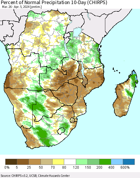 Southern Africa Percent of Normal Precipitation 10-Day (CHIRPS) Thematic Map For 3/26/2024 - 4/5/2024