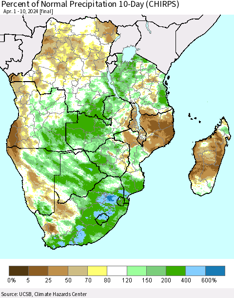 Southern Africa Percent of Normal Precipitation 10-Day (CHIRPS) Thematic Map For 4/1/2024 - 4/10/2024