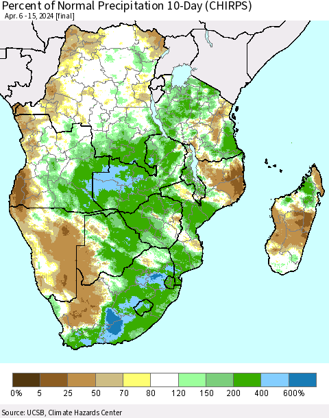 Southern Africa Percent of Normal Precipitation 10-Day (CHIRPS) Thematic Map For 4/6/2024 - 4/15/2024