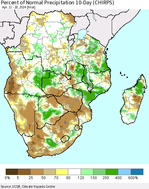 Southern Africa Percent of Normal Precipitation 10-Day (CHIRPS) Thematic Map For 4/11/2024 - 4/20/2024