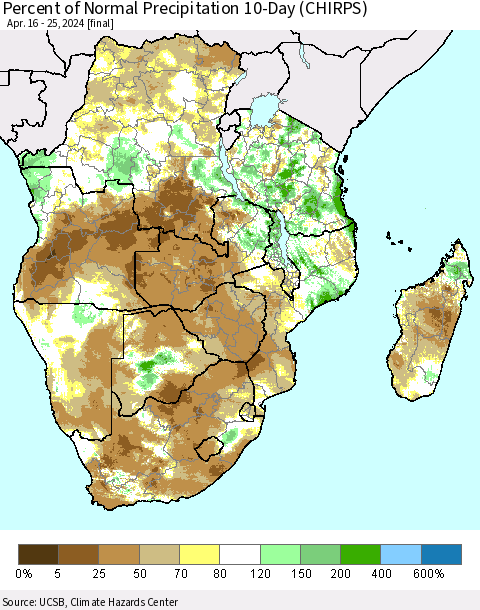 Southern Africa Percent of Normal Precipitation 10-Day (CHIRPS) Thematic Map For 4/16/2024 - 4/25/2024