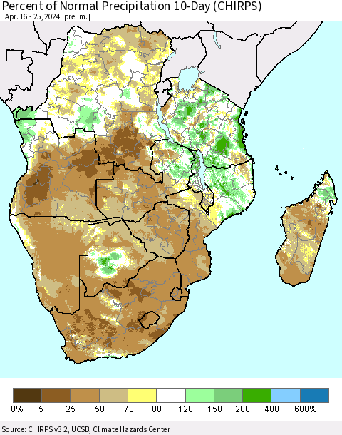 Southern Africa Percent of Normal Precipitation 10-Day (CHIRPS) Thematic Map For 4/16/2024 - 4/25/2024