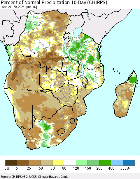 Southern Africa Percent of Normal Precipitation 10-Day (CHIRPS) Thematic Map For 4/21/2024 - 4/30/2024