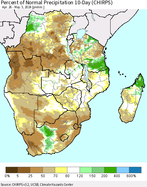 Southern Africa Percent of Normal Precipitation 10-Day (CHIRPS) Thematic Map For 4/26/2024 - 5/5/2024