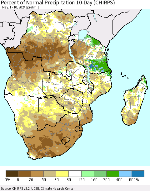 Southern Africa Percent of Normal Precipitation 10-Day (CHIRPS) Thematic Map For 5/1/2024 - 5/10/2024