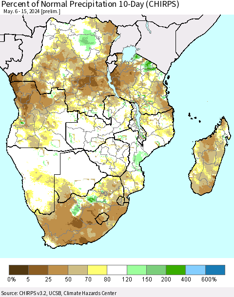 Southern Africa Percent of Normal Precipitation 10-Day (CHIRPS) Thematic Map For 5/6/2024 - 5/15/2024