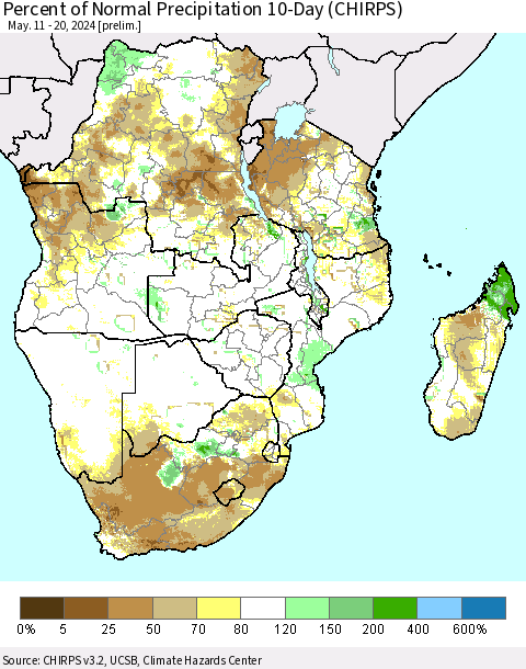Southern Africa Percent of Normal Precipitation 10-Day (CHIRPS) Thematic Map For 5/11/2024 - 5/20/2024