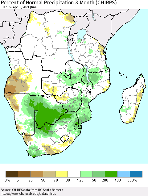 Southern Africa Percent of Normal Precipitation 3-Month (CHIRPS) Thematic Map For 1/6/2021 - 4/5/2021