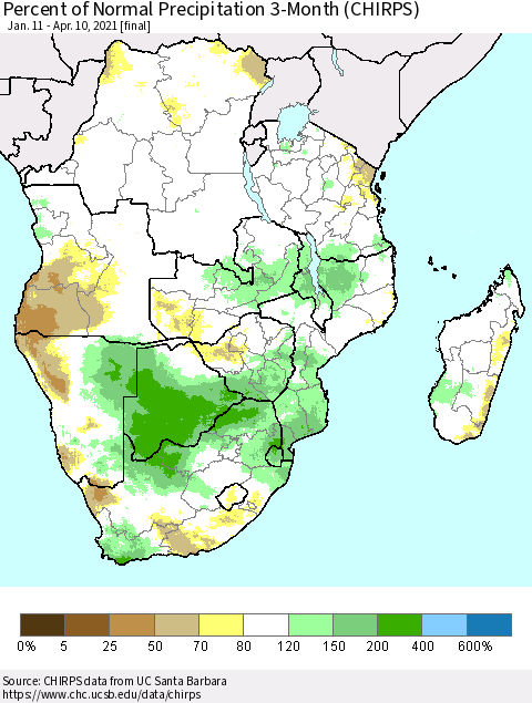 Southern Africa Percent of Normal Precipitation 3-Month (CHIRPS) Thematic Map For 1/11/2021 - 4/10/2021