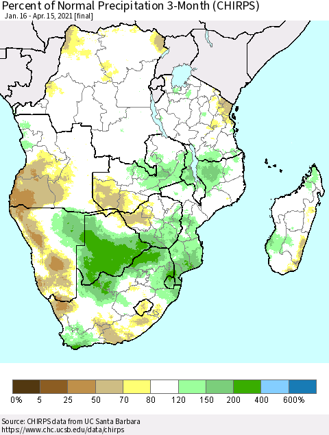 Southern Africa Percent of Normal Precipitation 3-Month (CHIRPS) Thematic Map For 1/16/2021 - 4/15/2021
