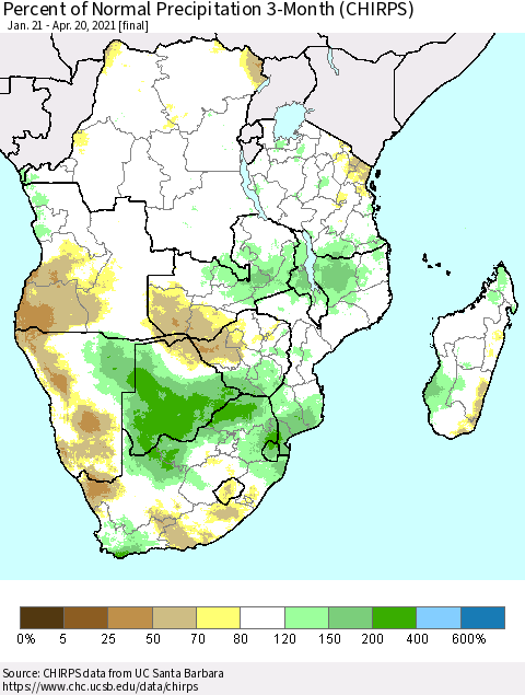 Southern Africa Percent of Normal Precipitation 3-Month (CHIRPS) Thematic Map For 1/21/2021 - 4/20/2021