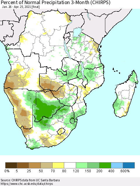 Southern Africa Percent of Normal Precipitation 3-Month (CHIRPS) Thematic Map For 1/26/2021 - 4/25/2021