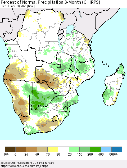 Southern Africa Percent of Normal Precipitation 3-Month (CHIRPS) Thematic Map For 2/1/2021 - 4/30/2021