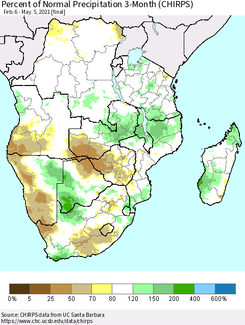 Southern Africa Percent of Normal Precipitation 3-Month (CHIRPS) Thematic Map For 2/6/2021 - 5/5/2021