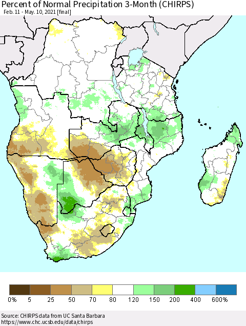 Southern Africa Percent of Normal Precipitation 3-Month (CHIRPS) Thematic Map For 2/11/2021 - 5/10/2021