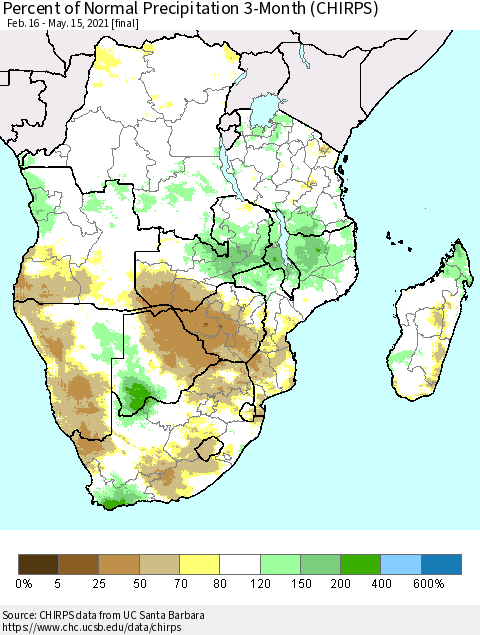Southern Africa Percent of Normal Precipitation 3-Month (CHIRPS) Thematic Map For 2/16/2021 - 5/15/2021