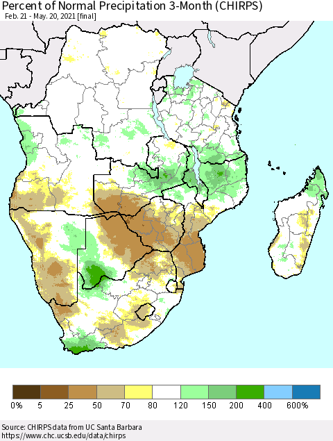 Southern Africa Percent of Normal Precipitation 3-Month (CHIRPS) Thematic Map For 2/21/2021 - 5/20/2021