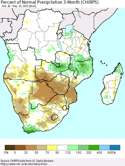 Southern Africa Percent of Normal Precipitation 3-Month (CHIRPS) Thematic Map For 2/26/2021 - 5/25/2021