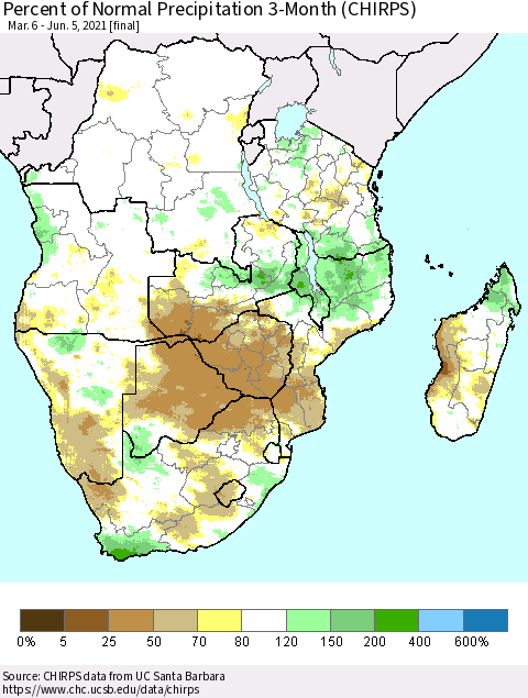 Southern Africa Percent of Normal Precipitation 3-Month (CHIRPS) Thematic Map For 3/6/2021 - 6/5/2021