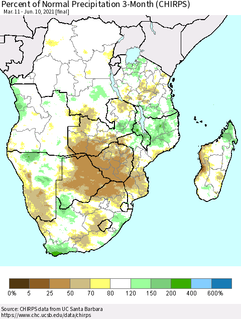 Southern Africa Percent of Normal Precipitation 3-Month (CHIRPS) Thematic Map For 3/11/2021 - 6/10/2021