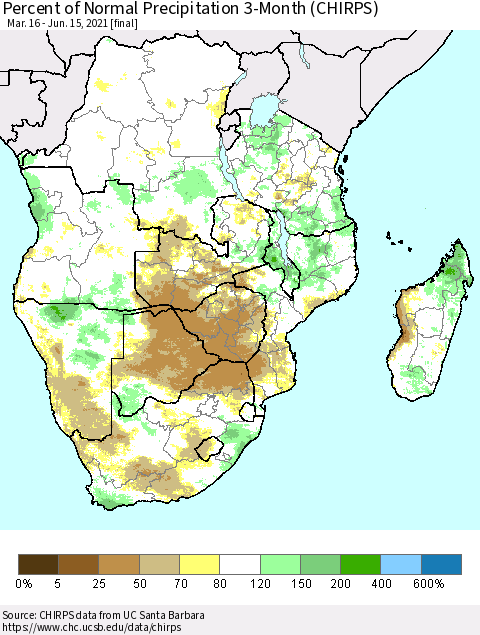 Southern Africa Percent of Normal Precipitation 3-Month (CHIRPS) Thematic Map For 3/16/2021 - 6/15/2021