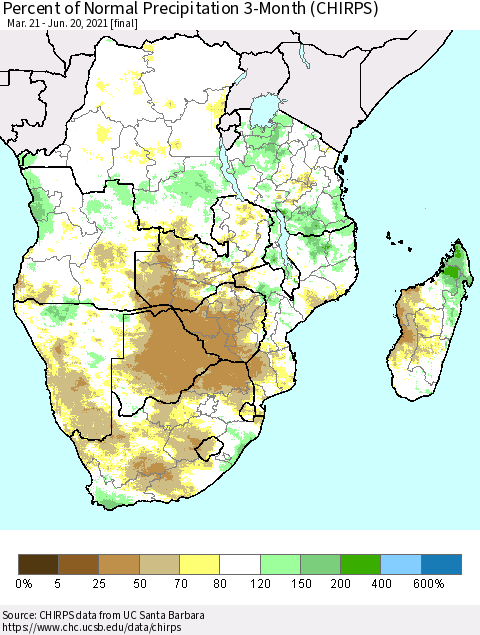Southern Africa Percent of Normal Precipitation 3-Month (CHIRPS) Thematic Map For 3/21/2021 - 6/20/2021