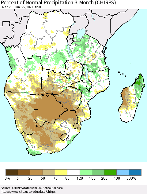 Southern Africa Percent of Normal Precipitation 3-Month (CHIRPS) Thematic Map For 3/26/2021 - 6/25/2021