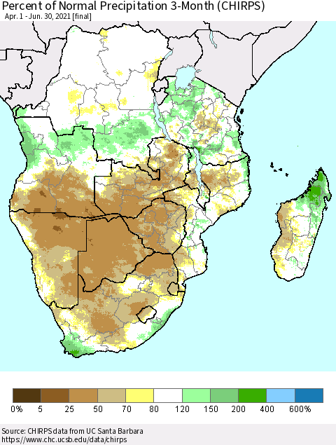 Southern Africa Percent of Normal Precipitation 3-Month (CHIRPS) Thematic Map For 4/1/2021 - 6/30/2021