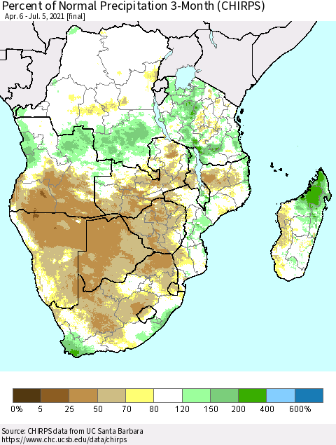 Southern Africa Percent of Normal Precipitation 3-Month (CHIRPS) Thematic Map For 4/6/2021 - 7/5/2021