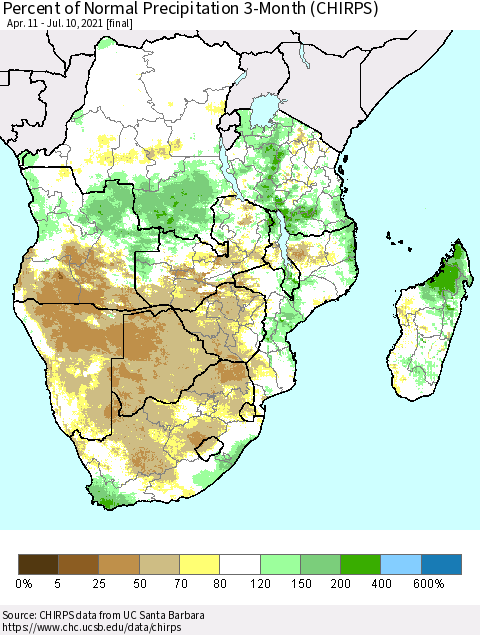 Southern Africa Percent of Normal Precipitation 3-Month (CHIRPS) Thematic Map For 4/11/2021 - 7/10/2021