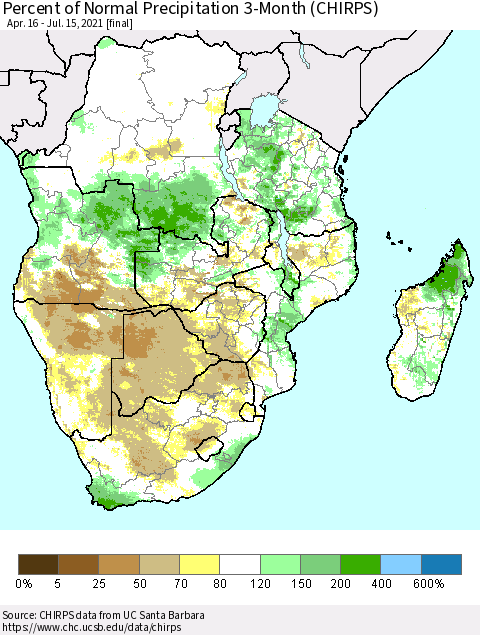 Southern Africa Percent of Normal Precipitation 3-Month (CHIRPS) Thematic Map For 4/16/2021 - 7/15/2021